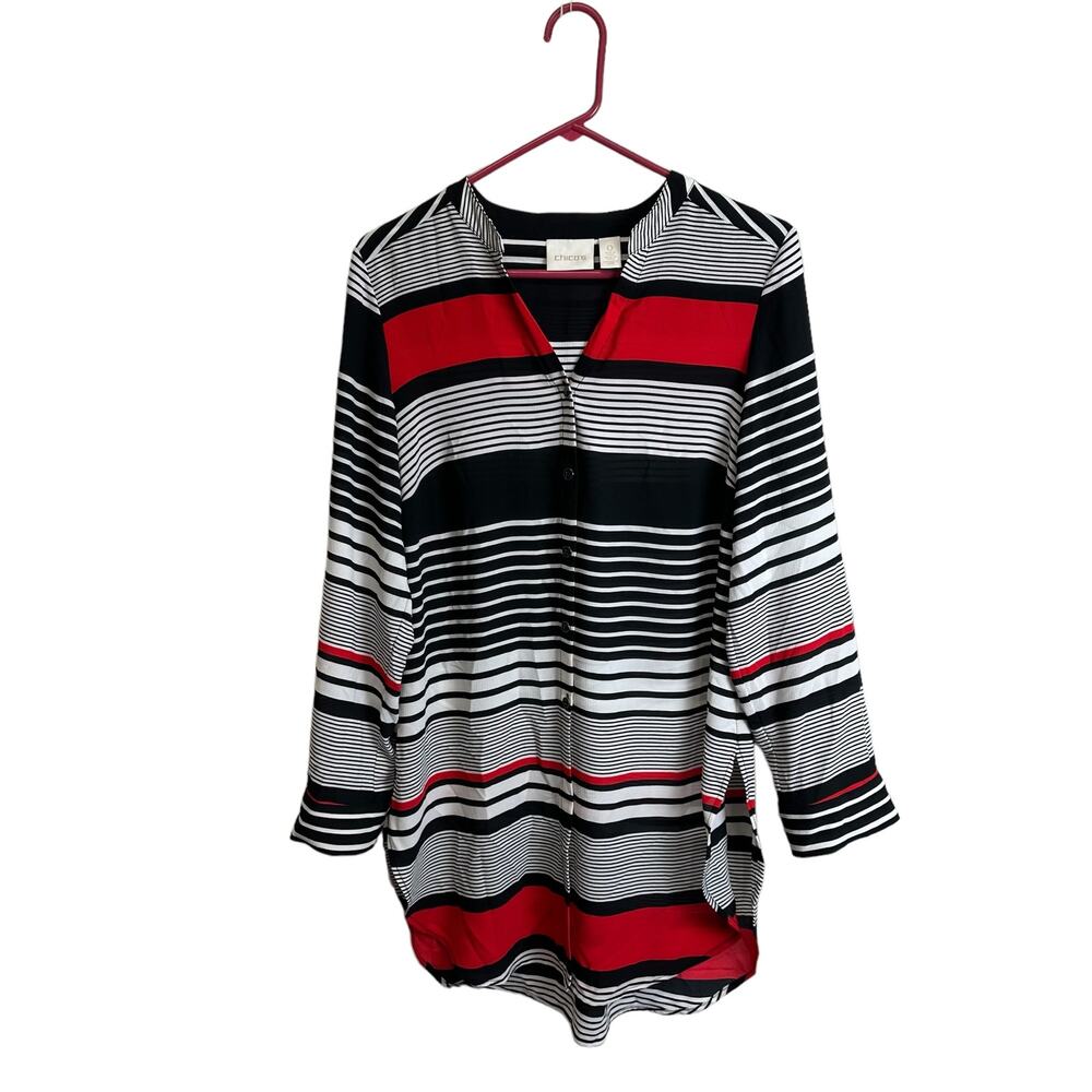 Chico’s Tunic Tops Women’s sz. 0 (S) Stripe Transitions Tie-Front Long Sleeve‎